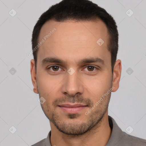 Neutral white young-adult male with short  brown hair and brown eyes