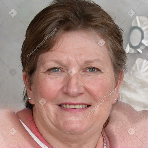 Joyful white adult female with medium  brown hair and blue eyes