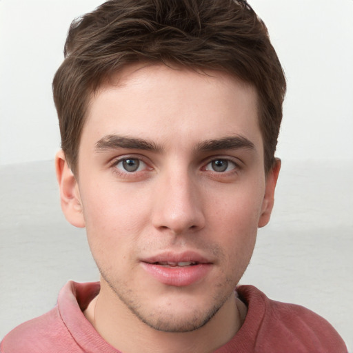 Neutral white young-adult male with short  brown hair and grey eyes