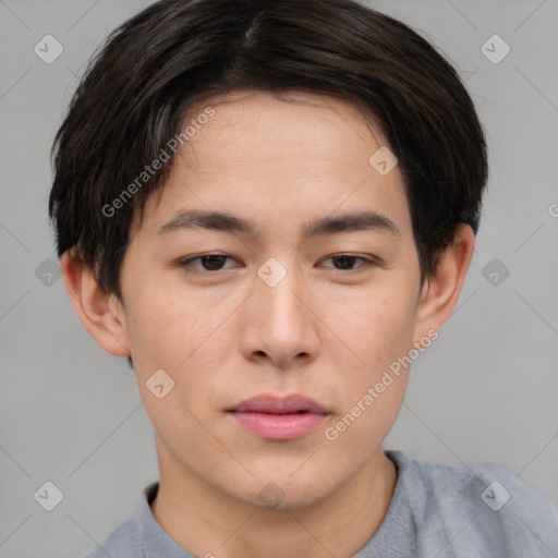 Neutral asian young-adult male with short  brown hair and brown eyes