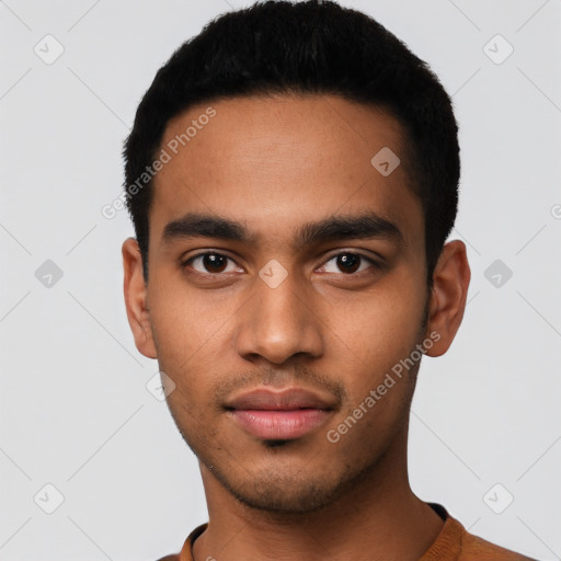 Neutral latino young-adult male with short  black hair and brown eyes