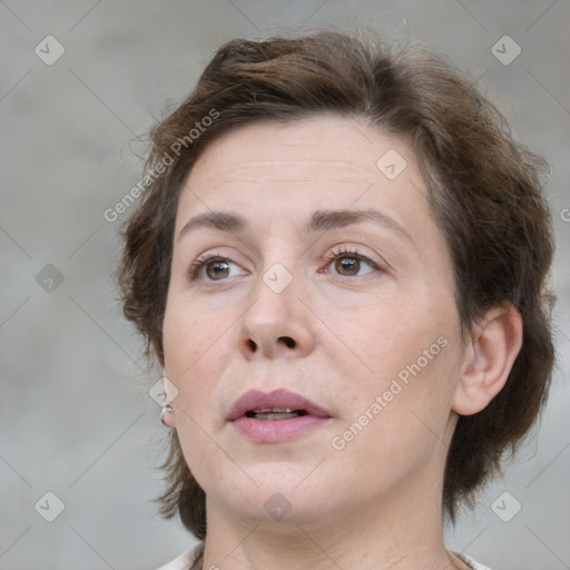 Neutral white adult female with medium  brown hair and brown eyes