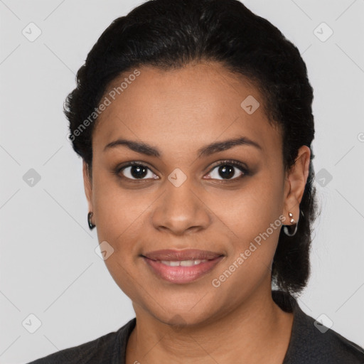 Joyful latino young-adult female with medium  black hair and brown eyes