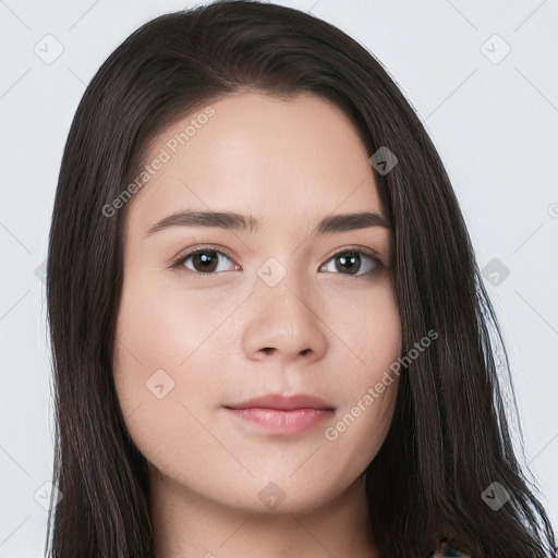 Neutral white young-adult female with long  brown hair and brown eyes