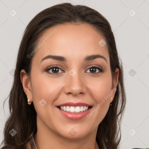 Joyful white young-adult female with long  brown hair and grey eyes