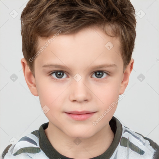 Joyful white child male with short  brown hair and brown eyes