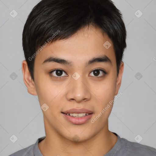 Joyful asian young-adult male with short  black hair and brown eyes