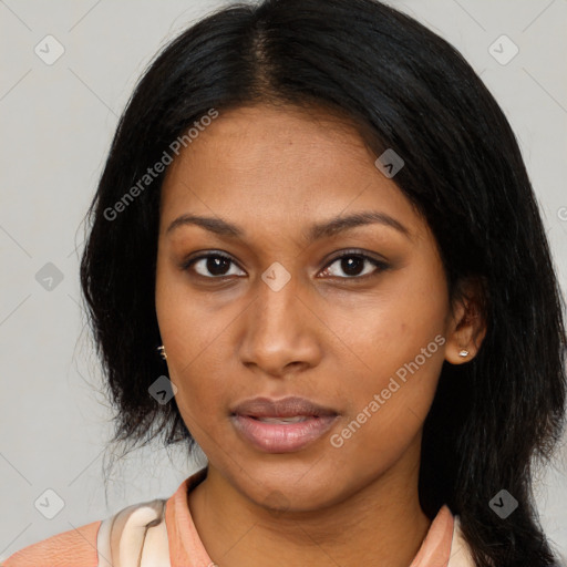 Neutral asian young-adult female with medium  black hair and brown eyes