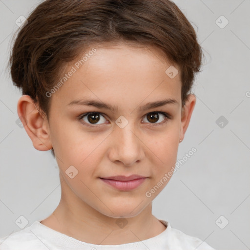 Joyful white child female with short  brown hair and brown eyes