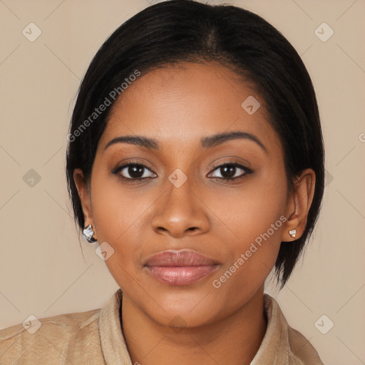 Joyful latino young-adult female with medium  brown hair and brown eyes