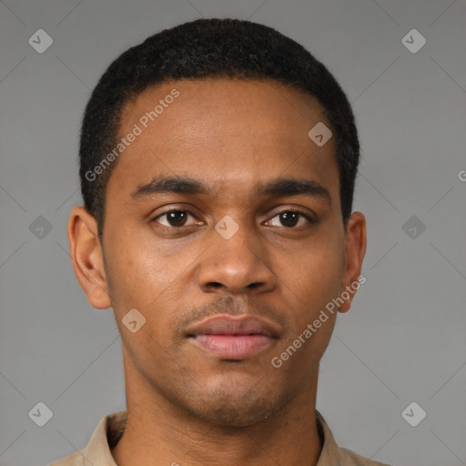 Joyful latino young-adult male with short  brown hair and brown eyes