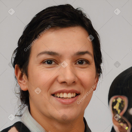 Joyful white young-adult female with medium  brown hair and brown eyes