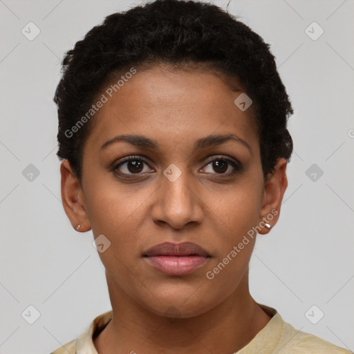 Joyful black young-adult female with short  brown hair and brown eyes