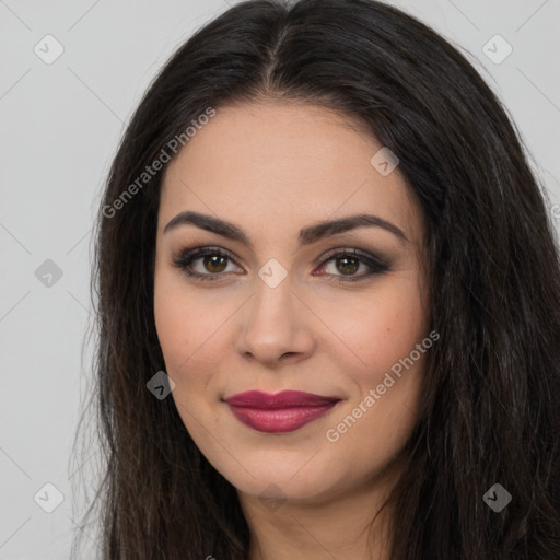 Joyful latino young-adult female with long  brown hair and brown eyes