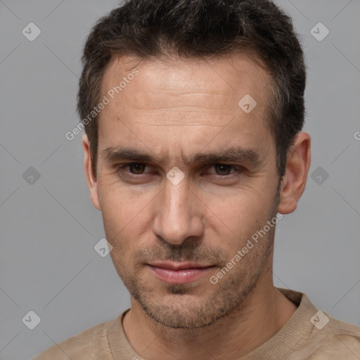 Neutral white adult male with short  brown hair and brown eyes