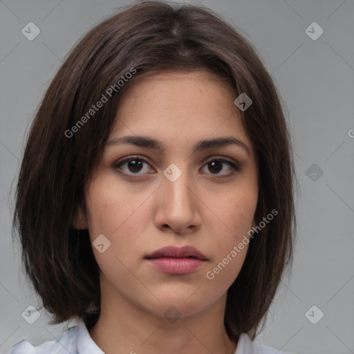 Neutral white young-adult female with medium  brown hair and brown eyes