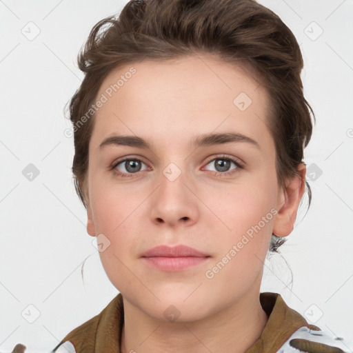 Neutral white young-adult female with medium  brown hair and grey eyes