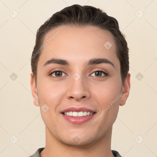 Joyful white young-adult female with short  brown hair and brown eyes