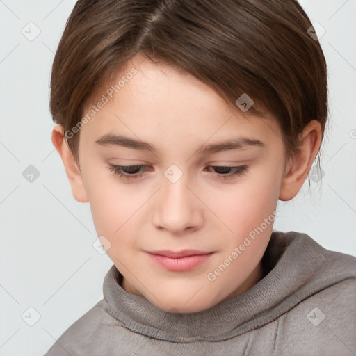 Joyful white child female with short  brown hair and brown eyes