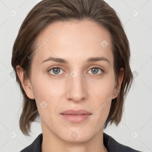 Neutral white young-adult female with medium  brown hair and grey eyes