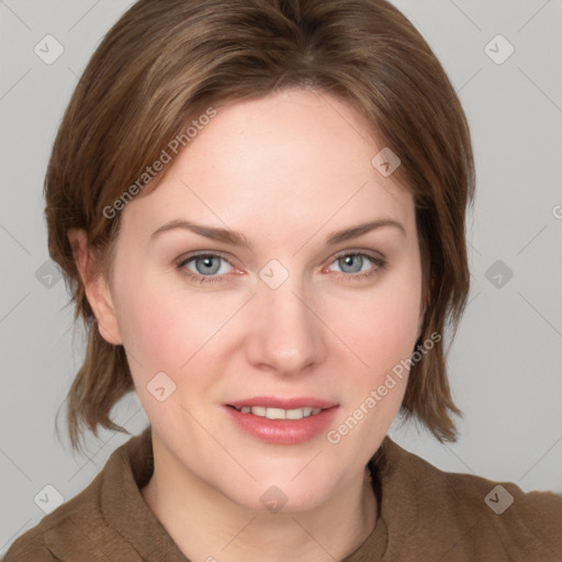 Joyful white young-adult female with medium  brown hair and blue eyes