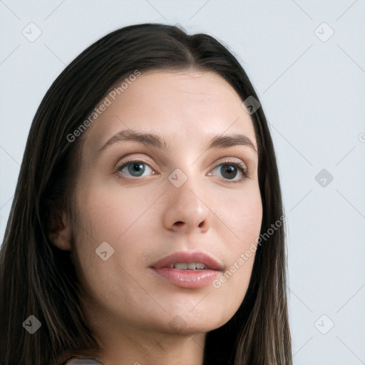 Neutral white young-adult female with long  brown hair and grey eyes