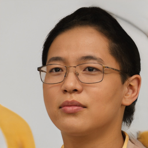 Neutral asian young-adult female with short  brown hair and brown eyes