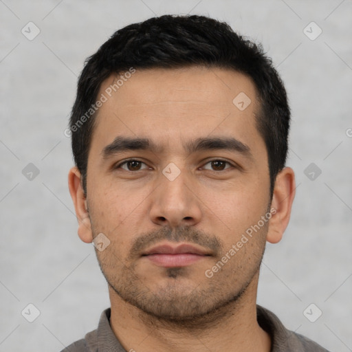 Neutral asian young-adult male with short  black hair and brown eyes