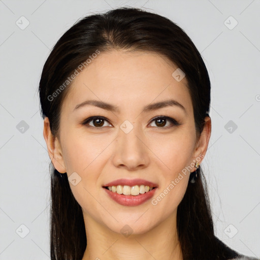 Joyful white young-adult female with long  brown hair and brown eyes