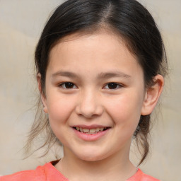 Joyful white child female with medium  brown hair and brown eyes