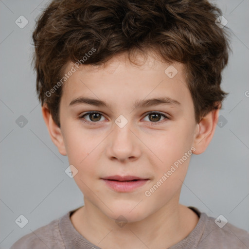 Joyful white child male with short  brown hair and brown eyes