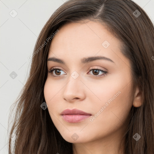 Neutral white young-adult female with long  brown hair and brown eyes