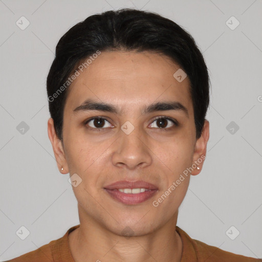 Joyful white young-adult male with short  black hair and brown eyes