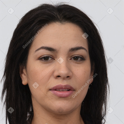 Joyful asian young-adult female with long  brown hair and brown eyes