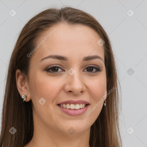 Joyful white young-adult female with long  brown hair and grey eyes