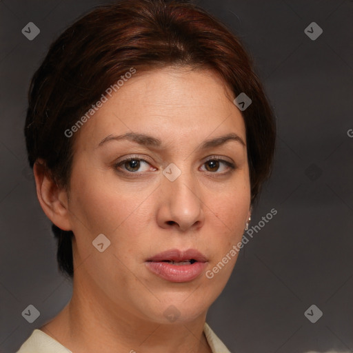 Neutral white young-adult female with short  brown hair and brown eyes