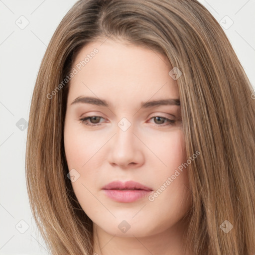 Neutral white young-adult female with long  brown hair and brown eyes