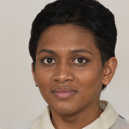Joyful black young-adult female with short  black hair and brown eyes