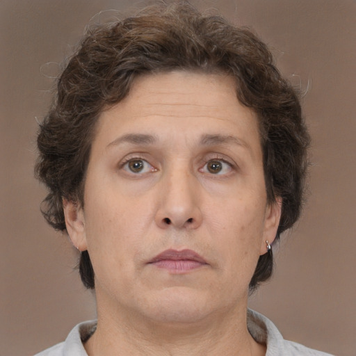 Neutral white adult female with short  brown hair and brown eyes