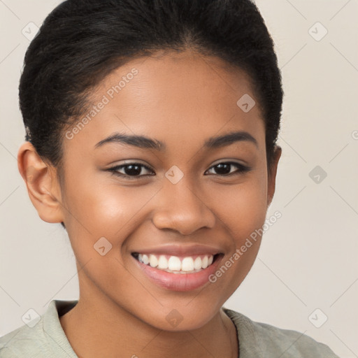 Joyful latino young-adult female with short  brown hair and brown eyes