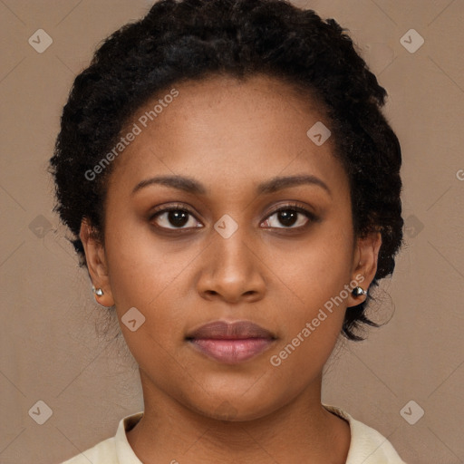 Neutral latino young-adult female with short  brown hair and brown eyes