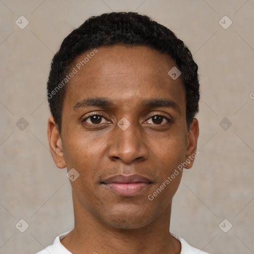 Neutral black young-adult male with short  black hair and brown eyes