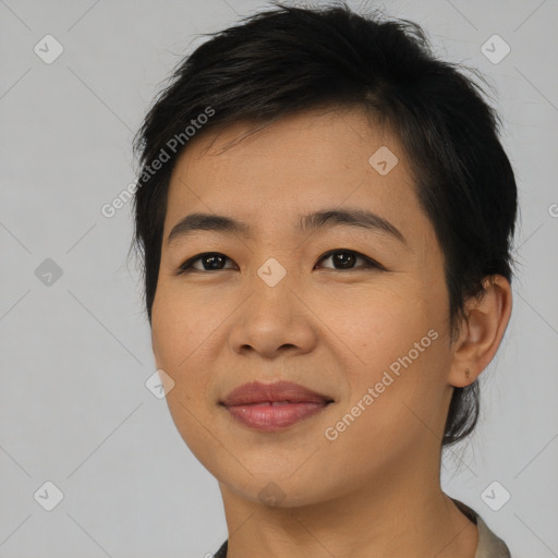 Joyful asian young-adult female with medium  brown hair and brown eyes