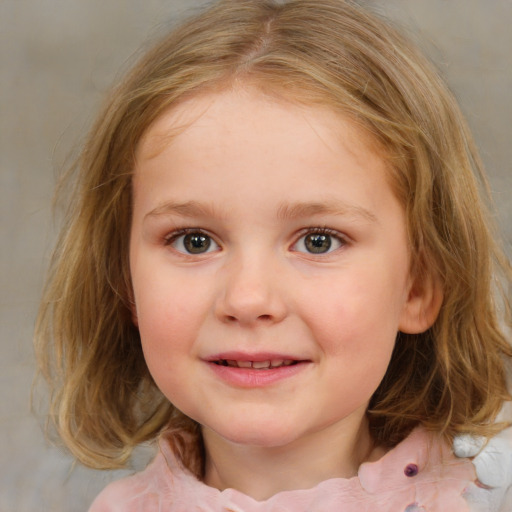 Joyful white child female with medium  brown hair and blue eyes