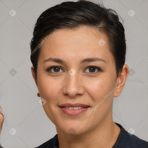 Joyful white adult female with short  brown hair and brown eyes