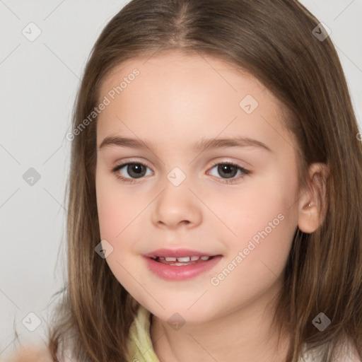 Joyful white child female with medium  brown hair and brown eyes