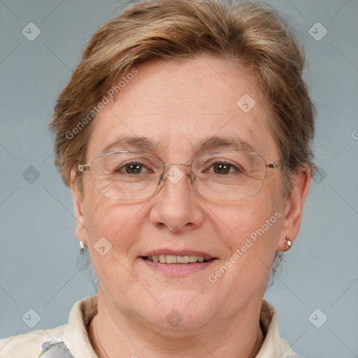 Joyful white middle-aged female with short  brown hair and brown eyes