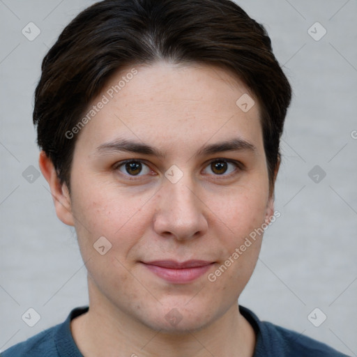 Joyful white young-adult female with short  brown hair and brown eyes