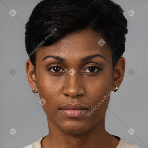 Neutral black young-adult female with short  black hair and brown eyes