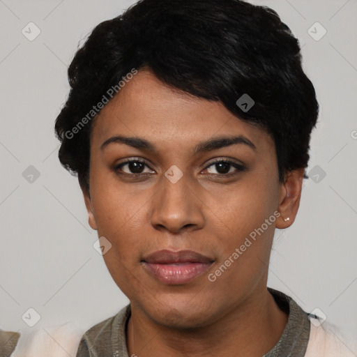 Joyful latino young-adult female with short  black hair and brown eyes